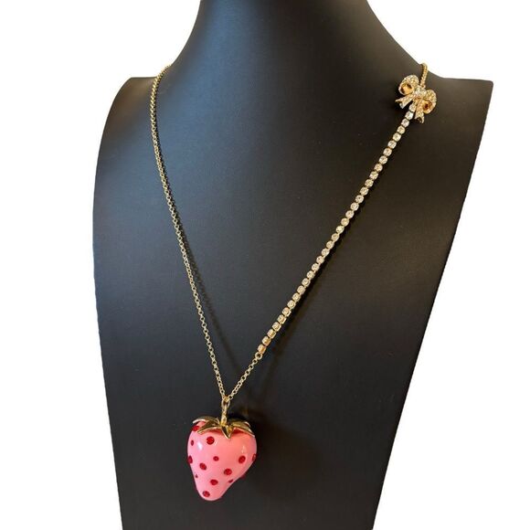 Gorgeous Pink Strawberry Pendant Necklace w/ Red Crystals on Long Goldtone Chain - Picture 3 of 7